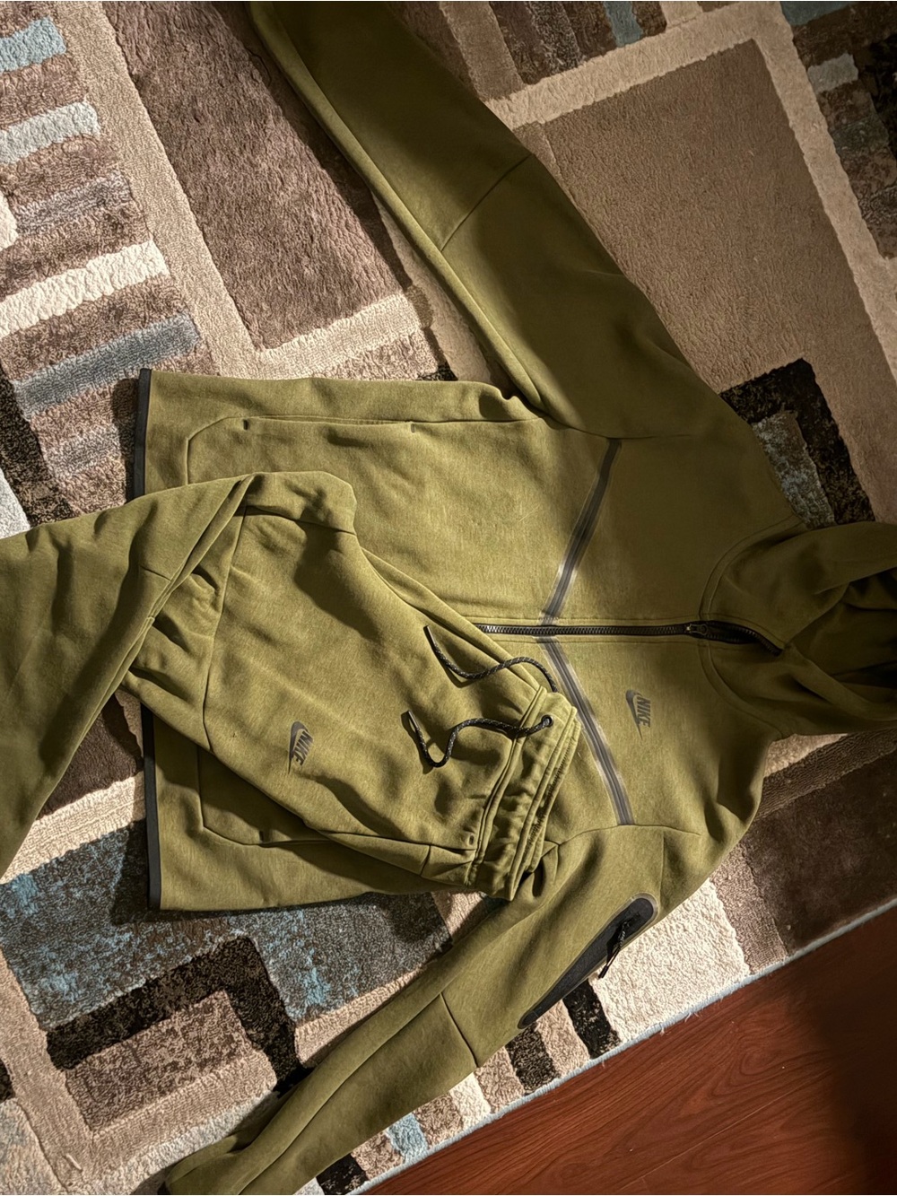 Nike tech suit Olive Green Zip Hoodie with Black Zipper